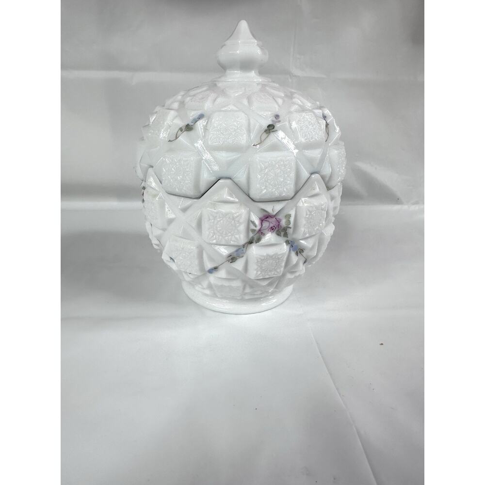 Vintage Westmoreland Old Quilt Pattered Round Milk Glass Candy Dish Cottagecore